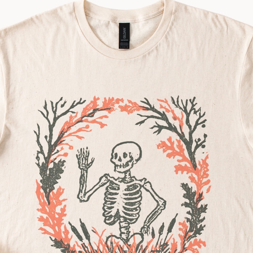Waving Skeleton Linocut Style Graphic Tee - Picture 2 of 5